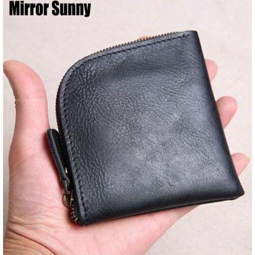 Original Handmade Wallet Mens Genuine Leather Short Zipper Wallet Top Layer Cowhide Leather Coin Purse Youth Small Money Bag