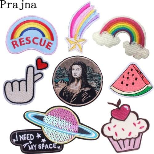 Prajna Monla Lisa Patch Embroidered Patches For Clothing Iron On Patches Stripes Cartoon Fruit Rainbow Badges Applique On Jacket