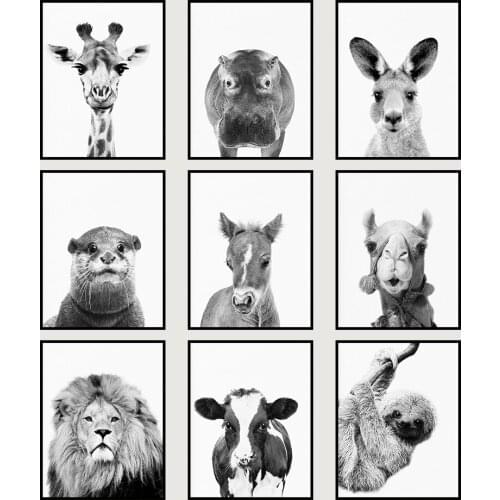 Set of 9 Baby Pictures Black and White Camel Poster Minimalist Hippo Animal Giraffe Art Cute Sloth Print No Frame Wall Painting