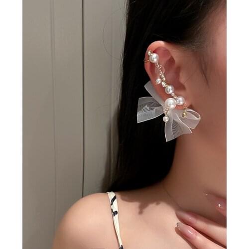 1pc Romantic Sweet Lace Fabric Bow Simulated Pearls Ear Bone Clip Earrings Ear Clips Korean Sweet Stud Earring Party Jewelry