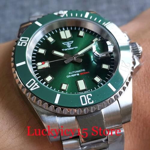 Tandorio Brand 200M Waterproof Japan NH35A Blue Men Watch Automatic Wristwatch Polished Strap Green Luminous Dial Hand