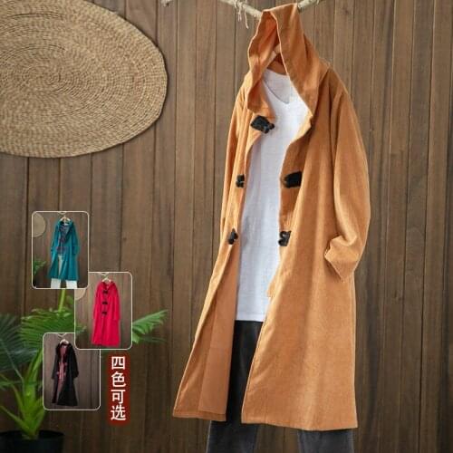 Corduroy Plus Size Solid Vintage Hooded Trench Coat Women Casual Loose Long Clothes Spring Autumn Windbreaker Female Cardigan