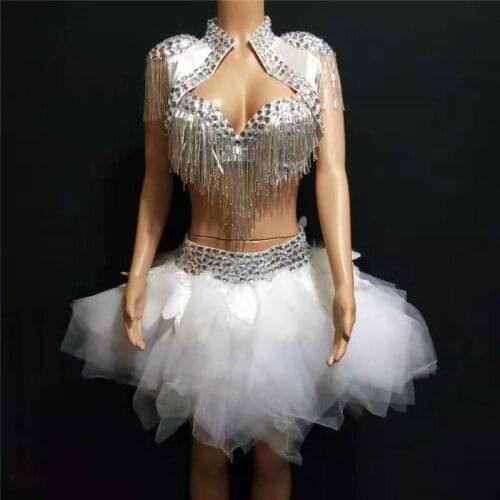Y64 Singer stage dance wears tutu dress tassel diamonds evening dress short skirt party outfits bikini dance costumes dj bra set