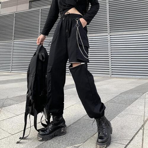 2021 Black Zipper Women Cargo Pants Buckle Ribbon Pocket Elastic Waist High Streetwear Harajuku Pant Punk Chain Female Trousers