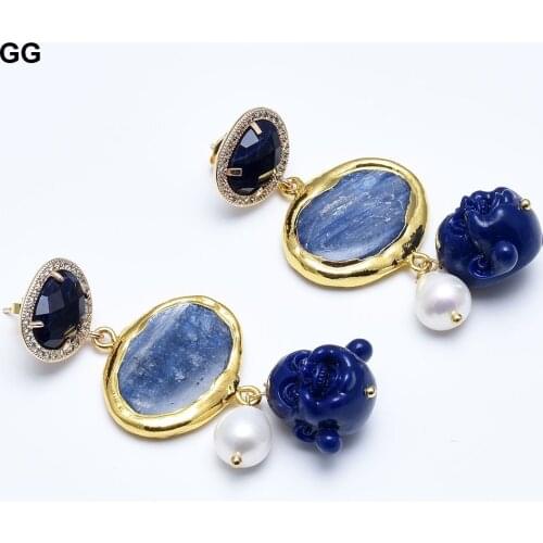 GG Jewelry Natural Blue Kyanite Blue Resin Buddha White Rice Pearl CZ Pave Sodalite Stud Earrings Handmade For Women