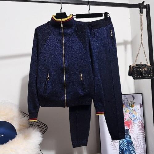 Autumn Vintage Dark Blue Knitted Tracksuits Set Women Loose Turtleneck Bright Silk Zipper Cardigan Sweater Pants Outfits Female