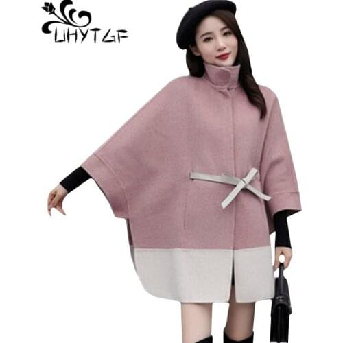 UHYTGF Autumn winter woolen coat women fashion cape type stand collar elegant Female jacket Korean belt loose plus size coat 759