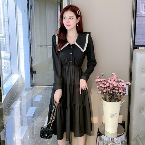 Autumn Dress Women Spring 2021 New Office Lady French Style Vintage Long Sleeve Solid Chiffon Elastic Waist Dresses Traf Robe