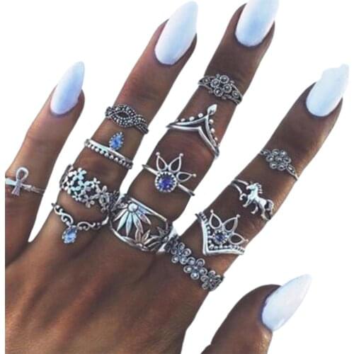 13 Pcs/Set Boho Crystal Flower Ring Set Vintage Punk Finger Rings Retro Rings Finger Rings Vintage Jewelry Gift For Women