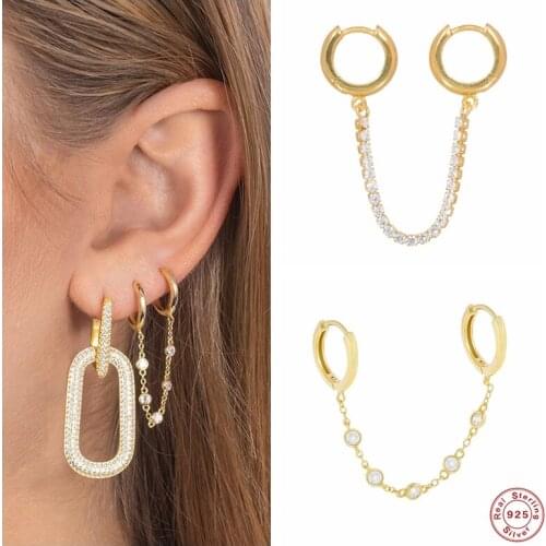 Aide 925 Sterling Silver Double Circle Huggies Hoop Earring Safe Loops Clear Zircon Tassel Chain Earring For Women Fine Jewelry