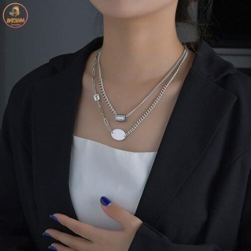 Akizoom Ins Fashion Double Necklace Cuban Chain Silver Color Necklace Stainless Steel Pendant for Women Birthday Jewelry Gift