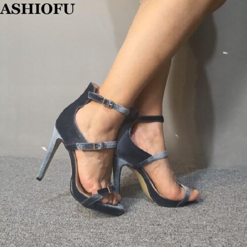 ASHIOFU Handmade Women High Heel Sandals Buckle Straps Bare-foot Summer Shoes Large Size Party Casual Fashion Sandals Shoes