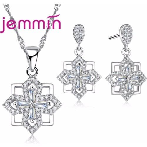 Authentic 925 Sterling Silver Jewelry Sets White Crystals Stackable Necklace Earrings Wedding Engagement Jewelry