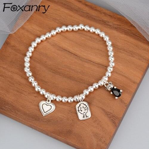 FOXANRY 925 Sterling Silver Bracelets for Women String of Beads Accessories Trendy Elegant LOVE Heart Pendant Party Jewelry Gift