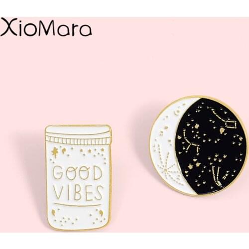Good Vibes Enamel Pins Lunar phase Bottle Moon Star Constellation Jewelry Custom Brooch Badge Lapel Pin For Friends Gift