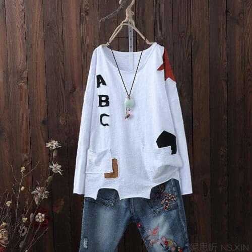 Cotton Patchwork Women T-Shirts Summer Vintage Loose O-Neck Long-Sleeved Casual All Match Female Pulls Outwear Tops Tees