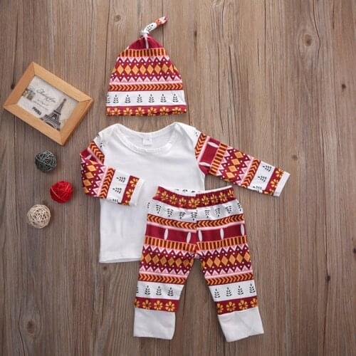 Baby Boy Girl Christmas Clothes Set Geometric Patterns Print Long sleeve Bebe Sleepwear Suit Tops + Pants + Hat Clothing Set