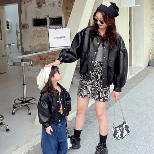 Net celebrity parent-child wear 2021 autumn new female and female Korean style leather jacket jacket