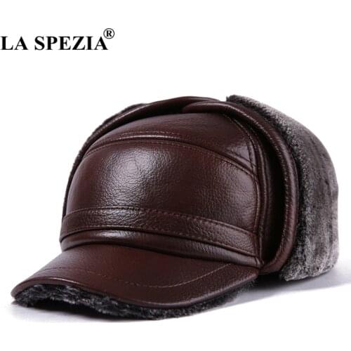 LA SPEZIA Winter Bomber Hat Men Russian Brown Leather Ushanka Cap With Ear Flaps Fur Warm Genuine Cow Leather Brand Baseball Cap