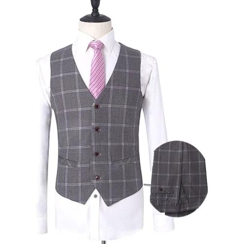 Plaid Vest Suits for Men 2 Pcs High-end V Neck Vests Jacket Groosmen Groom Wear Clothing Men Suitwear Suit Male 2021