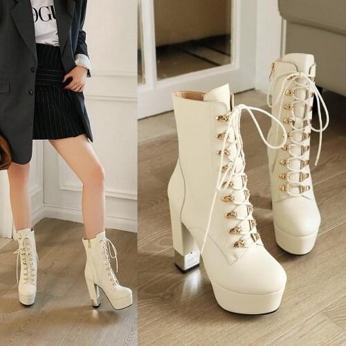 2020 New Fashion Boots Women Patent Leather Square High Heel Ankle Boots Platform Lacing Мартин сапоги Autumn Winter Female Shoe
