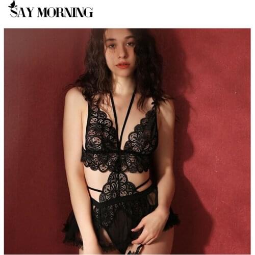 SAY MORNING New Sexy Lace Hanging Neck Jumpsuit + Garter+Stockings Suit Sexy Perspective Thin Sexy Bodysuit Nightdress Suit