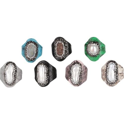 Hot Sale Natural Freshwater Pearl Crystal Charm Pave Rhinestone In Real Snake Python Leather Open Cuff Adjustable Rings Unisex