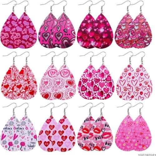 12 Pairs Valentine Day Leather Earrings Women Lightweight Heart Shape Print Teardrop Dangle Faux Leather Earrings Kit wholesales