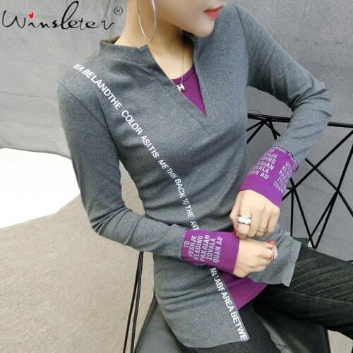 Fall Winter European Clothes Cotton Long T-Shirt Chic Sexy Patchwork Print Letter Women Tops Bottoming Shirt Tees 2021 T18425A