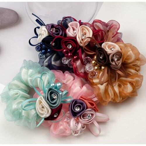 Bohemia Silk Rose Headband Hair Ties Ropes Rubber Band Handmade Embroidery Lace Flower Bridal Hair Accessories Gums Wholesale