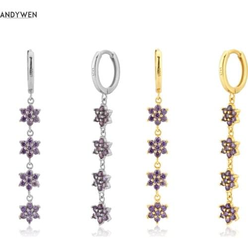 ANDYWEN 925 Sterling Silver Purple Zircon Pave Drop Earring 8.5mm Circle Fashion Fine Jewelry Luxury Rock Punk Pendiente