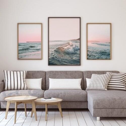 Scandinavian Pink Ocean Seascape Waves Wall Art Canvas Painting Nordic Posters and Prints Wall Pictures for Living Home Decor