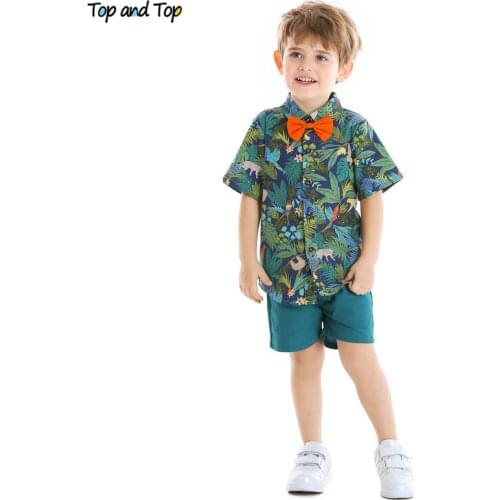 Top and Top Fashion Beach Style Toddler Boys Clothing Set Short Sleeve Printed Shirt Tops and Shorts Kids Gentleman Suit Tuxedo