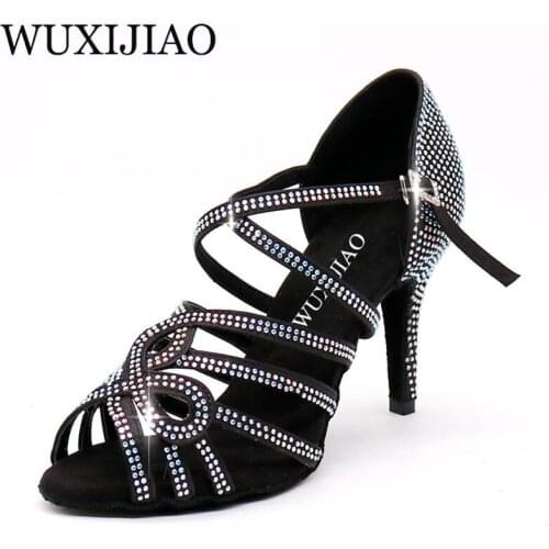 WUXIJIAO Women Salsa party Ballroom shoes Latin dance shoes big small rhinestone shining Skin Black satin heel 5cm-10CM