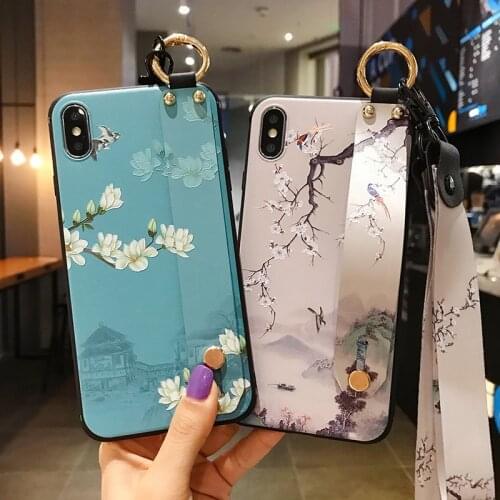 Vintage Flower Crossbody Lanyard Case For iPhone 11 12 Pro XS Max Phone holder cover For Samsung note10 S20 Necklace Strap coque