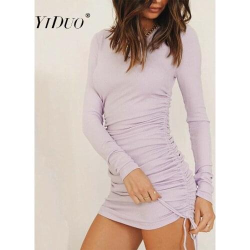 YiDuo Knitted Drawstring Sexy Bandage Dresses Long Sleeve High Waist 2020 Autumn Winter Women Mini Bodycon Party Dress Ruched