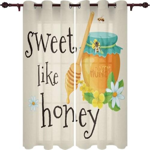 Bee Honey Flower Jar Window Curtains Kids Room Living Room Curtain Panels Valance Curtains for Kitchen