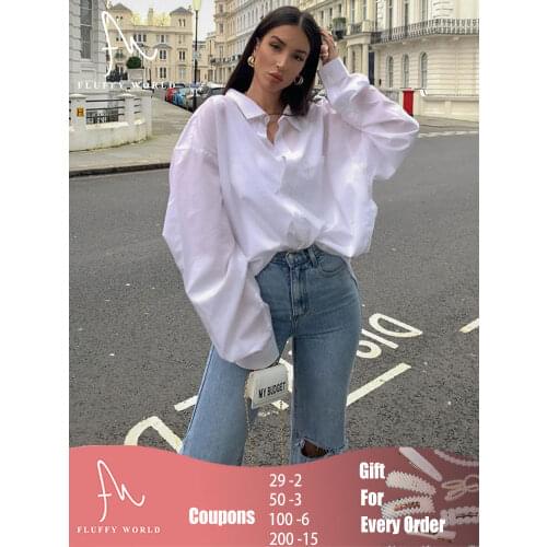 Women White Blouses Office Lady Cotton Oversize Plus Size Tops Female Casual Tops Loose BF Korean Style with Pockets Fashion