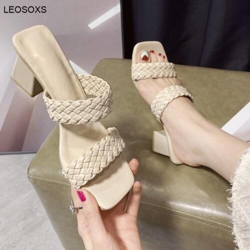 2021 Summer Shoes For Women New Woven Roman Slippers Female Bohemian Ethnic Style Large Size Thick Heel Womens Shoes