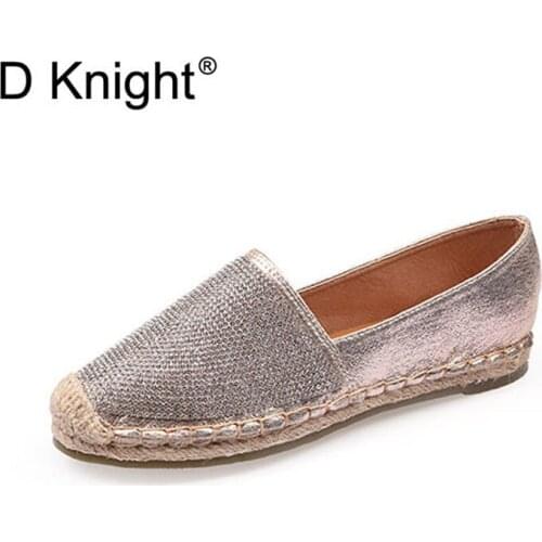 Spring Bling Crystal Women Loafers Cane Hemp Straw Fisherman Flat Heels Shoes Espadrilles Woman Lazy Flat Zapatos Mujer Big Size