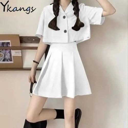 Womens Suit Short Shirt High Waist Pleated Skirt Suit Korean Style Summer School Style Solid Color Top and Skirt Two-piece Suit