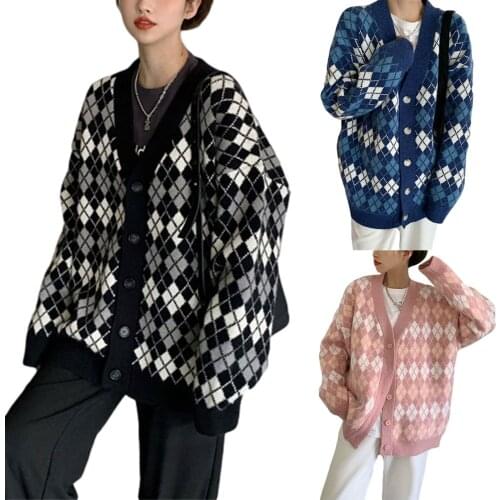 Button Down Knit Sweater Long Sleeve V Neck Argyle Print Knitwear Loose Cardigan Sweet Women Y2K Streetwear 2021 Elegant Outwear