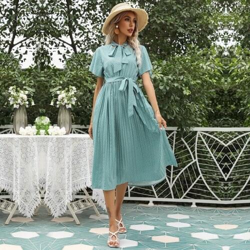Women Bohemian Summer Dress High Waist V-Neck Bow Long Dress Short Flare Sleeve Print A-Line Pleated Dress Vestidos