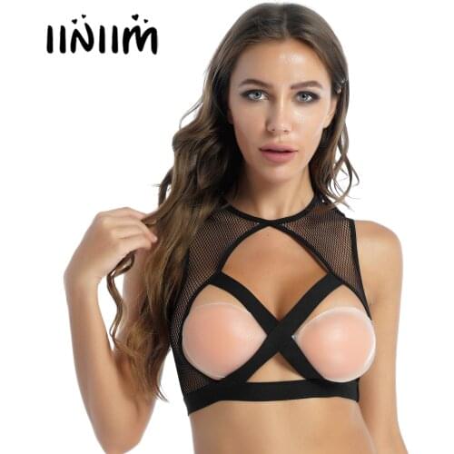 Womens Lingerie Hollow Out Fishnet Crop Top Crisscross Sleeveless Front See-through Mesh Cropped Tank Top Vest for Nightclub