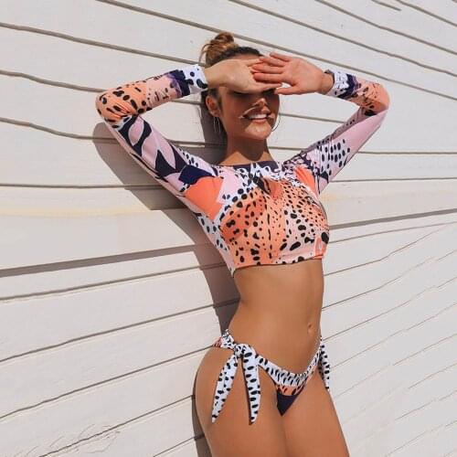 Women Sexy Leopard Polka Dot Bikini Bandage Long-sleeved Sunscreen Strappy Split Two Piece Swimsuit Moda Praia #G3