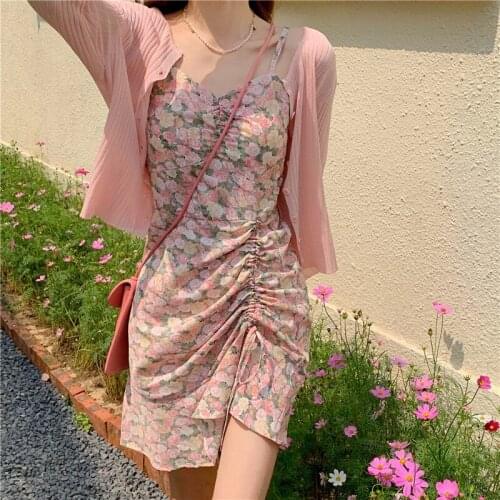 2021 New Rose Camisole Dress Women Summer Pink Sleeveless Chiffon Dress Casual Slim Mini Dress Ladies Clothing
