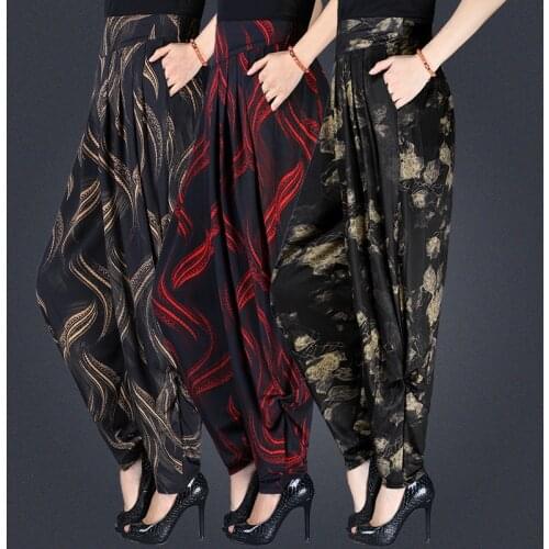 Summer gold print large size pants loose radish pants wide leg pants female summer Elastic waist harem pants women trousers