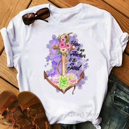 Watercolor Floral Anchor Printed Tshirt Women Summer Top Feamale White Short Sleeve O-Neck T-Shirt Lovely Girls Graphic T Shirts
