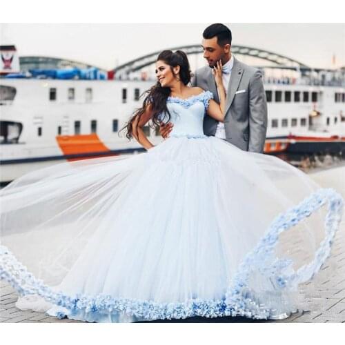 Blue ball gown wedding dresses 2020 sweetheart Hand Made 3D flowers beaded bride gown wedding gown plus size vestido de noiva