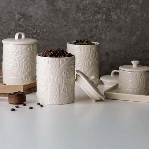 Seal Ceramic Storage Jars with Lid Retro Relief Cereal Dispenser Kitchen Coffee Beans Organizer Living Room Desktop Candy Jar